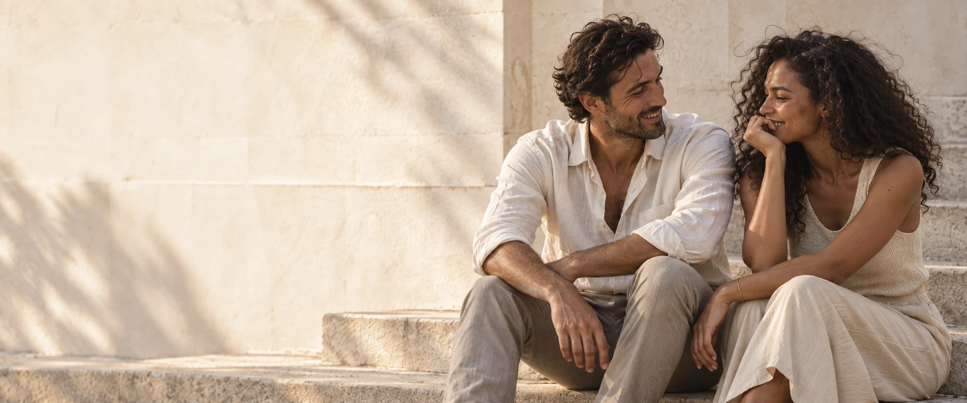 A couple sitting together on sunlit stone steps